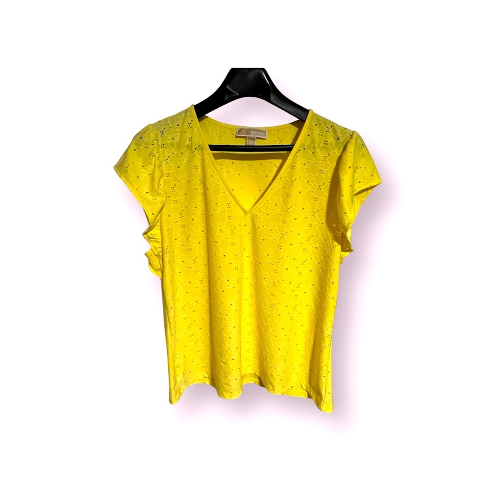 Michael Kors Women's Yellow Eyelet Ruffle Short Sleeve Top In XL!